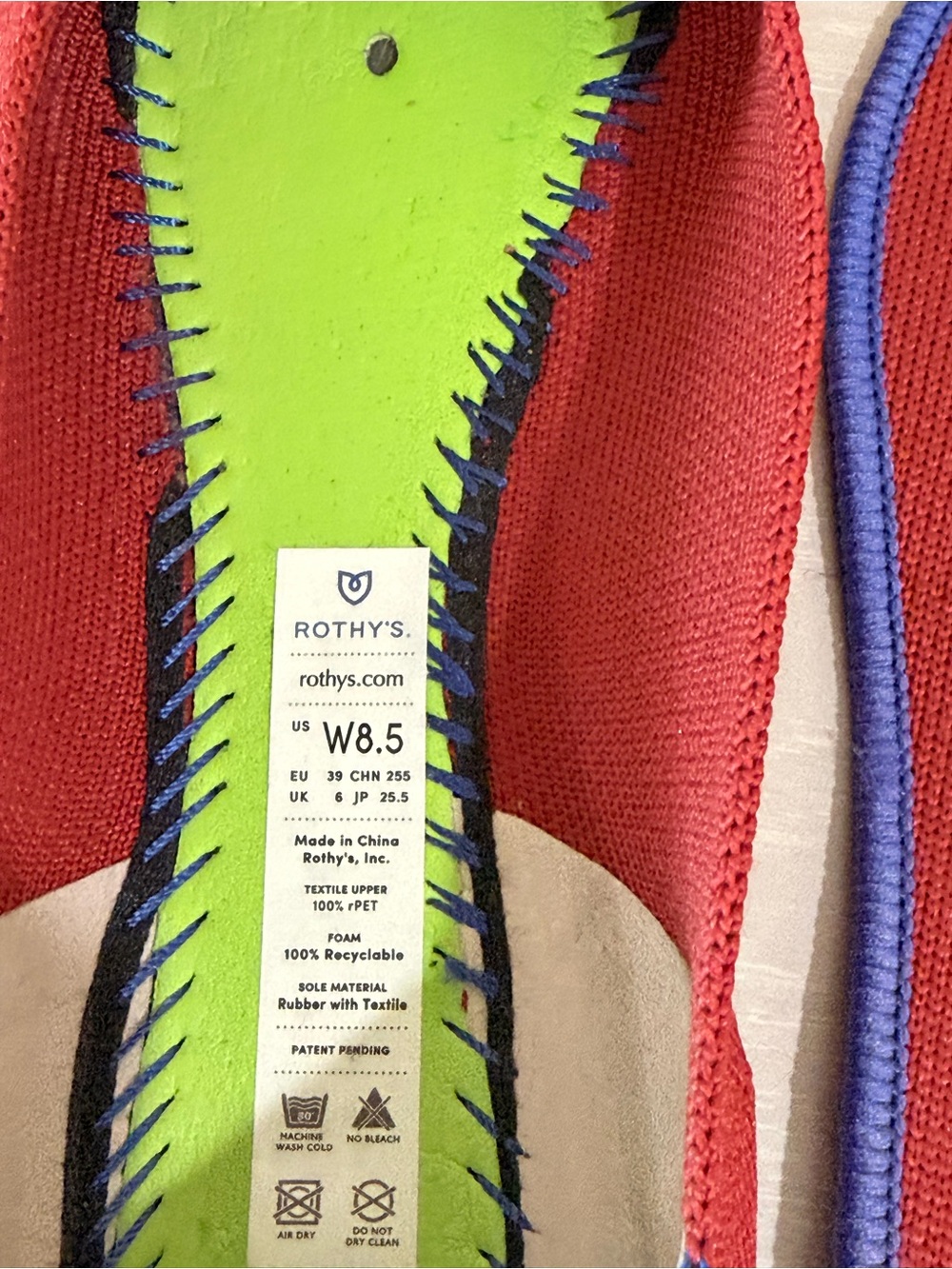 Rothy's Red Pointed-Toe Knit Flats with Blue Trim - Picture 5 of 11